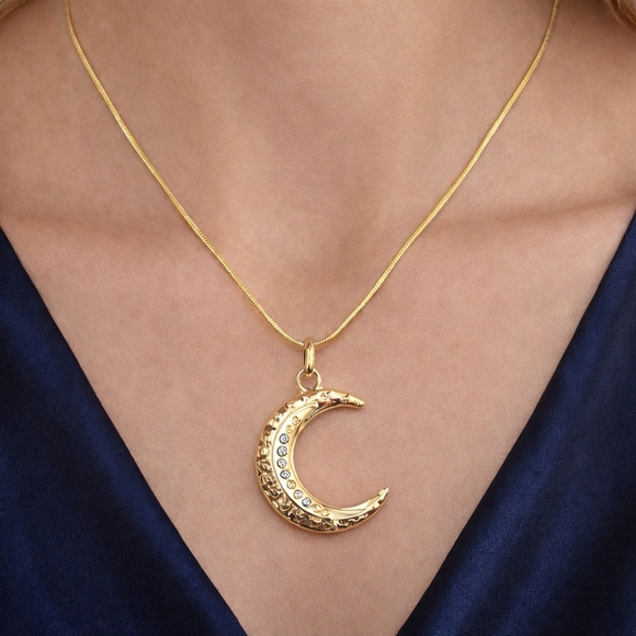 Crescent Moon Necklace Rhinestone Accents 18K Plated Gold Snake Chain - Picture 2 of 6
